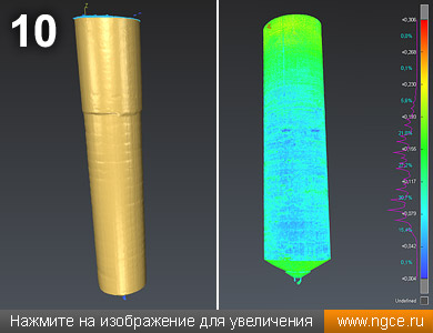 Точные обмерные 3D модели круглых силосов с нарушениями геометрии (слева) и разрушениями стенок (справа)