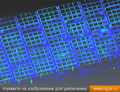 Облако точек лазерного сканирования ячеистой кровли подземного резервуара, полученное по данным 3D обмеров