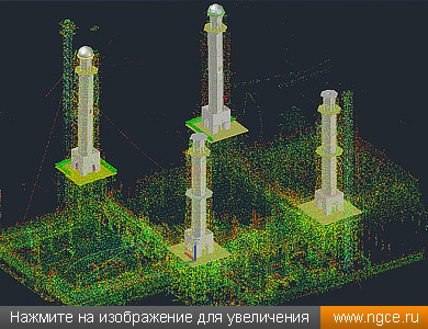 Облако точек лазерного сканирования минаретов строящейся мечети, наложенное на их твердотельные 3D модели