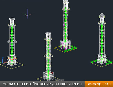 Каркасные 3D модели всех четырёх минаретов строящейся мечети в Чимкенте, построенные по данным обмерных работ