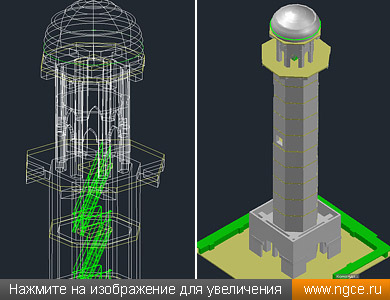 Увеличенный фрагмент каркасной 3D модели минарета строящейся мечети (слева) и его твердотельная 3D модель (справа)