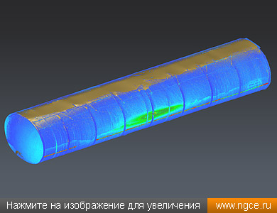 Общий вид точечной 3D модели трёхсекционной цистерны с одним люком-лазом, полученной при обмерах снаружи