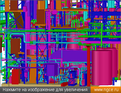 Увеличенный фрагмент исполнительной 3D модели производственной площадки химического завода в формате DWG