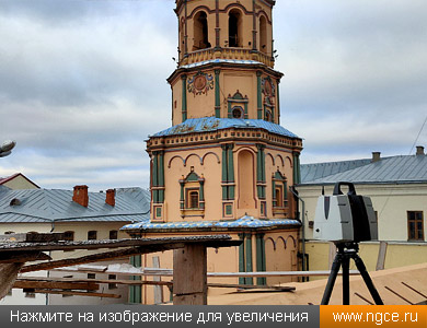 Лазерный сканер Leica ScanStation P40 выполняет обмеры колокольни Петропавловского храма для целей реставрации