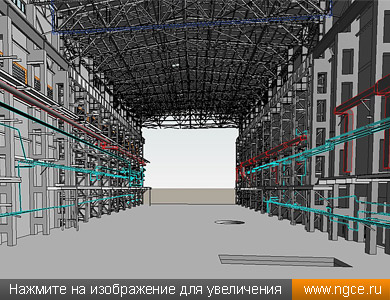 Вид изнутри построенной по данным обмерных работ точной исполнительной 3D модели здания кислородной станции
