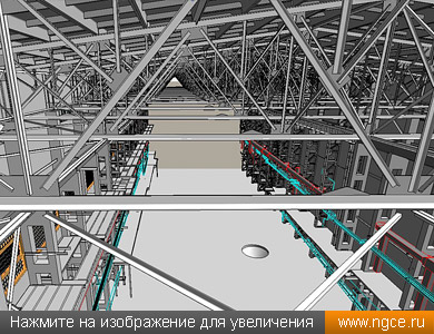 Вид из-под кровли построенной по данным обмерных работ исполнительной 3D модели здания кислородной станции