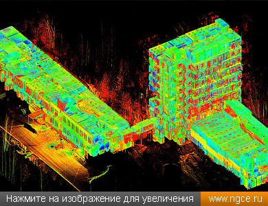 Общий вид обмерной точечной 3D модели офисного здания в Томске, полученной в результате лазерного сканирования для BIM-проектирования