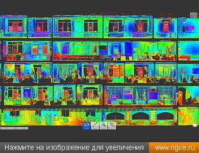 Разрез точечной 3D модели офисного 4-этажного здания с подвалом, полученной в результате лазерного сканирования