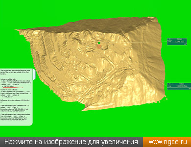 Обмерная 3D модель кучи песка в Тобольске с вычисленным объёмом, полученная по данным лазерного сканирования