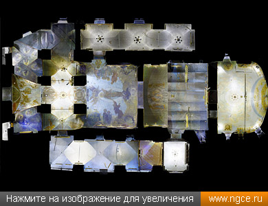 Ортофотоизображение развёртки потолков Успенского храма в Вешняках с настенной живописью, полученное по данным 3D обмерных работ для целей реставрации