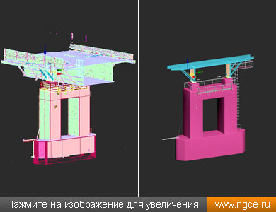 3D моделирование опоры моста по облаку точек лазерного сканирования (слева) и готовая модель опоры (справа)