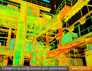 Фрагмент облака точек 3D лазерного сканирования основного цеха золотоизвлекательной фабрики в городе Бодайбо