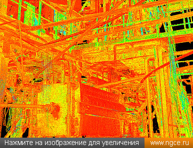 Фрагмент полученной в результате 3D сканирования точечной модели цеха золотоизвлекательной фабрики в Бодайбо