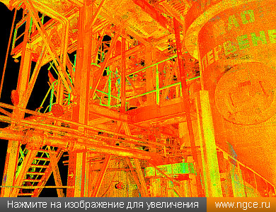 Фрагмент облака точек 3D лазерного сканирования основного цеха золотоизвлекательной фабрики в городе Бодайбо