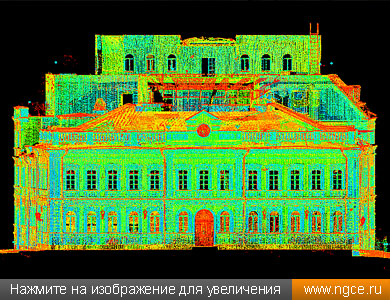 Облако точек выходящего на улицу Сретенка фасада здания, полученное в результате 3D лазерного сканирования