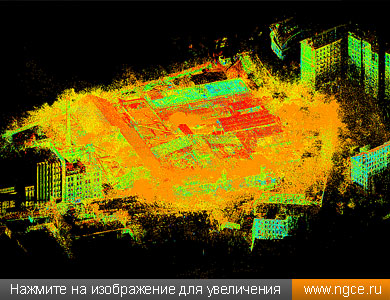 Общий вид сшитого облака точек корпусов Бадаевского завода, которое получено по данным лазерного сканирования