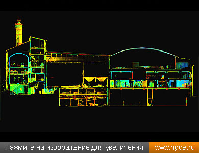 Поперечный разрез облака точек корпуса №3 Бадаевского завода, которое было получено по данным 3D сканирования
