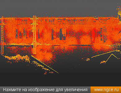Общий вид точечной 3D модели склада угля, полученной с помощью лазерного сканирования для вычисления объёмов