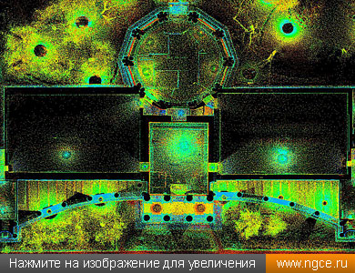 Сшитое облако точек лазерного сканирования павильона №17 «Лесная промышленность» на ВДНХ в Москве (вид сверху)
