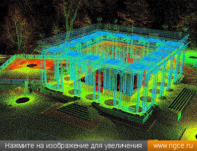 Общий вид точечной 3D модели здания павильона №512 на ВДНХ, полученной в результате лазерного сканирования