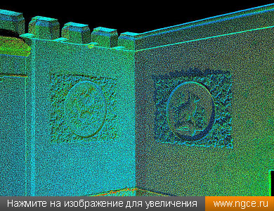 Увеличенный фрагмент точечной 3D модели с декором на стенах залов Павильона №8, полученной по данным обмеров