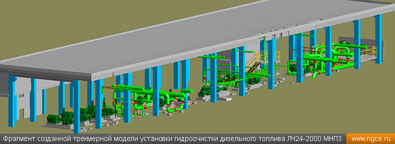 Фрагмент созданной трехмерной модели установки гидроочистки дизельного топлива ЛЧ24-2000 МНПЗ