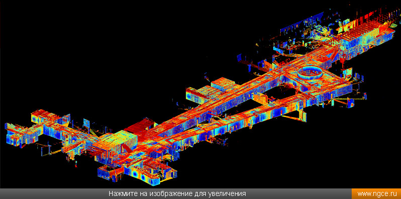Общий вид полученной по данным лазерного сканирования обмерной точечной 3D модели подземной торговой галереи на Софийской набережной в Москве