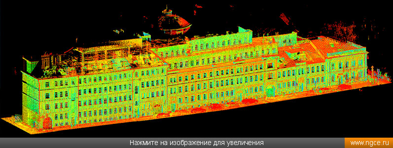 Сшитое облако точек выходящего на Просвирин переулок фасада офисно-торгового здания, полученное в результате лазерного сканирования для целей подготовки чертежей оконных проёмов