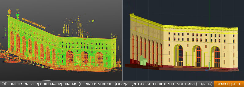 Облако точек лазерного сканирования (слева) и модель фасада Центрального детского магазина (справа)