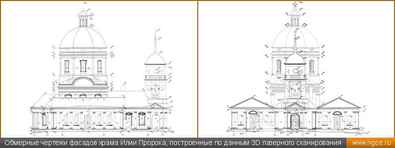 Обмерные чертежи фасадов храма Илии Пророка, построенные по данным 3D лазерного сканирования