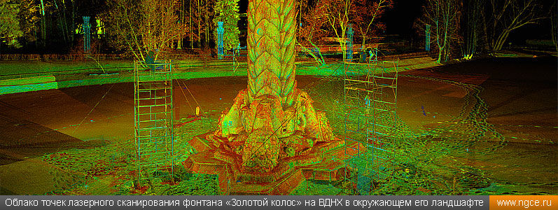 Облако точек лазерного сканирования фонтана «Золотой колос» на ВДНХ в окружающем его ландшафте