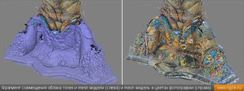 Фрагмент совмещения облака точек и mesh модели (слева) и mesh модель в цветах фотографии (справа)