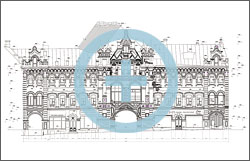 Обмерный чертеж фасада здания Государственной публичной научно-технической библиотеки по улице Пушечная, выполненный по данным 3D лазерного сканирования