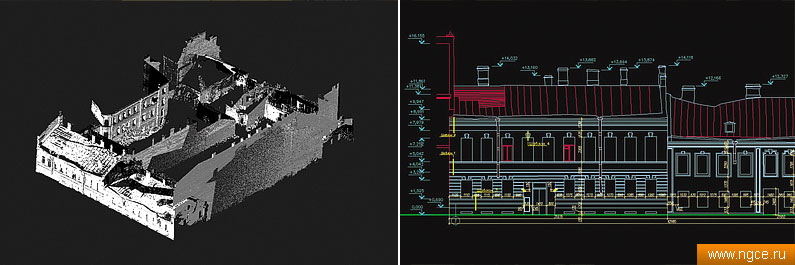 Результаты лазерного сканирования: точечная 3D модель объекта и обмерные чертежи